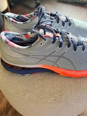 Asics Gray Running Sneakers with Navy Laces and Orange Midsole